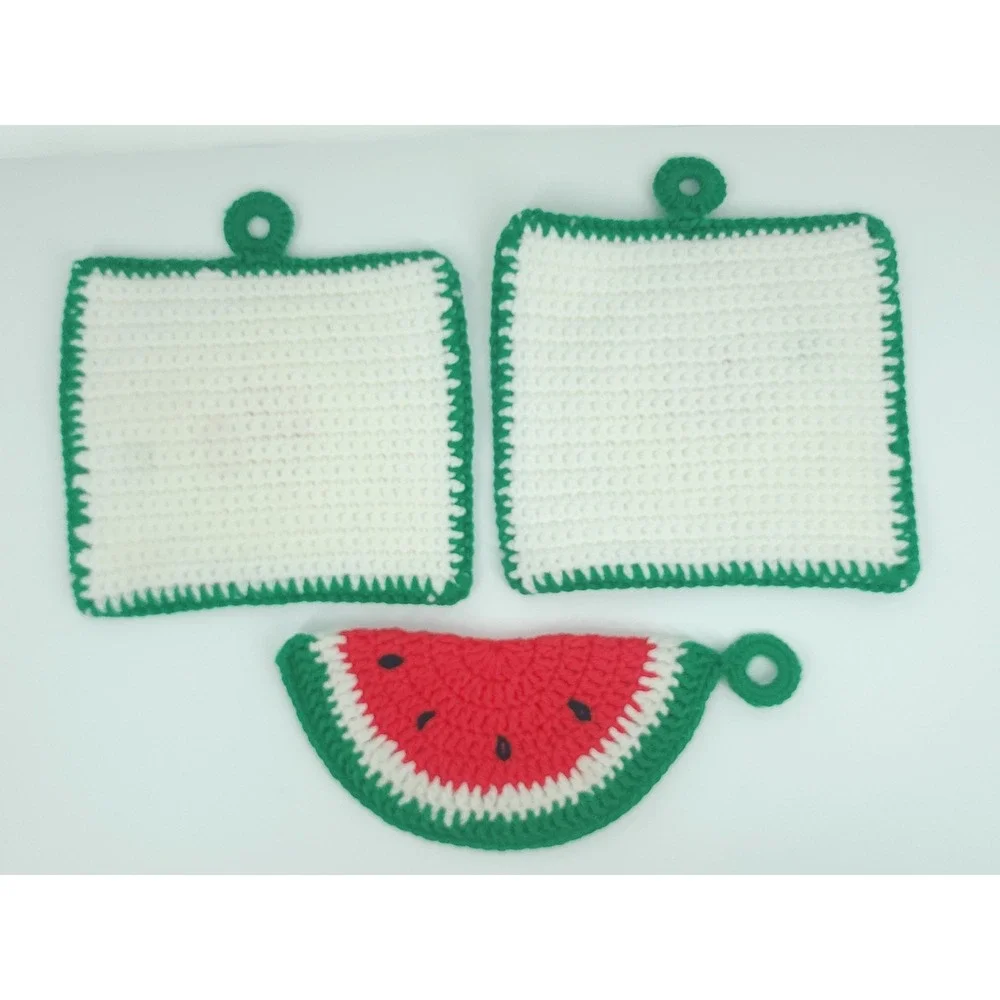 Handmade VTG Crochet Watermelon Potholder Set 3PC KITSCH RetroKitchen Decor Gift